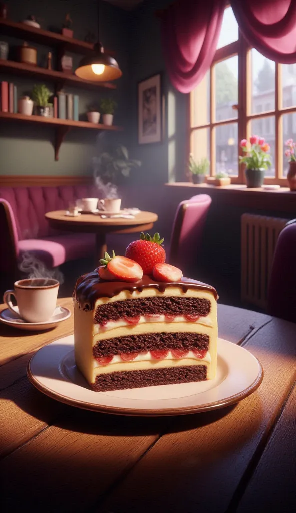 a delicious slice of cake on a plate, resting on a cozy wooden table in a cafe, in the whimsical pixar style. the cake has multi...