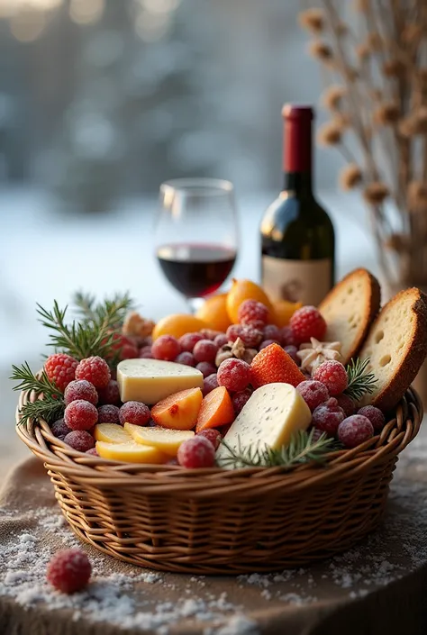 create a picture of a cold food basket and wine