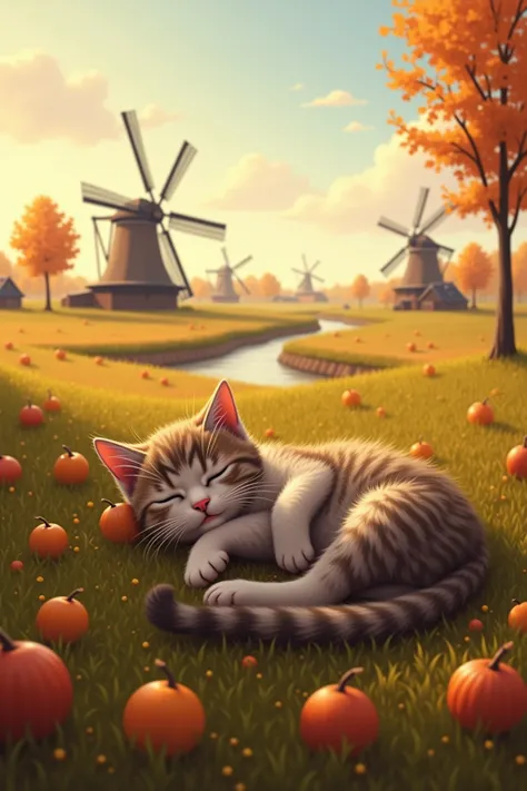 the most adorable tabby kitten happily napping on its back in the dutch countryside landscape.、(( realistic :1.3))、pastoral、happ...