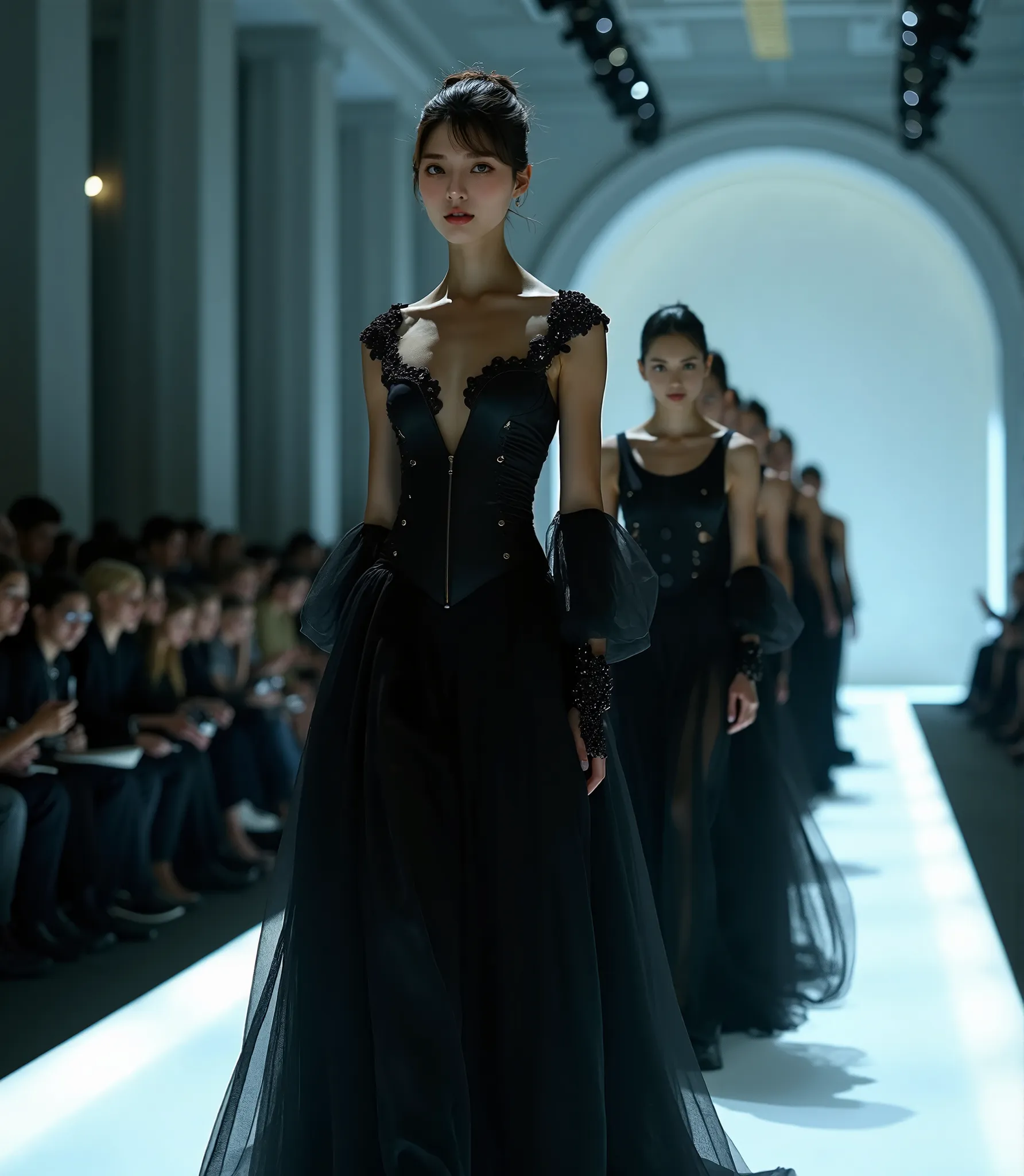 araffe models in black dresses on a catwalk during a   fashion show ,   fashion show  photo, goddesses,  æon flux's style mix , ...