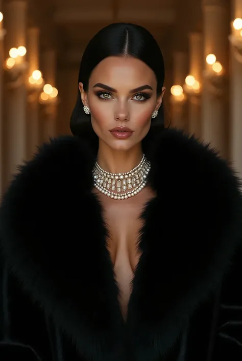 arafed woman in a fur coat and pearls and a necklace, sleek dark fur, wearing a luxury fur coat, high - end fashion photoshoot, ...