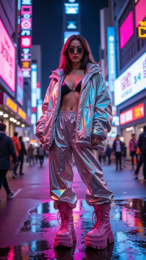 high resolution, realistic, dramatic scene, ( korea's beautiful woman) cyberpunk street fashion, holographic jacket, neon colors...