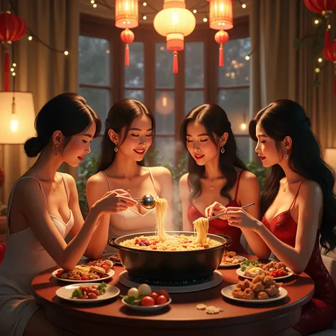 in a new year's home setting, a group of sexy women are eating hotpot.