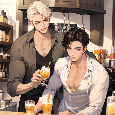 two smiling handsome men relaxing in their room and drinking alcohol at the kitchen counter