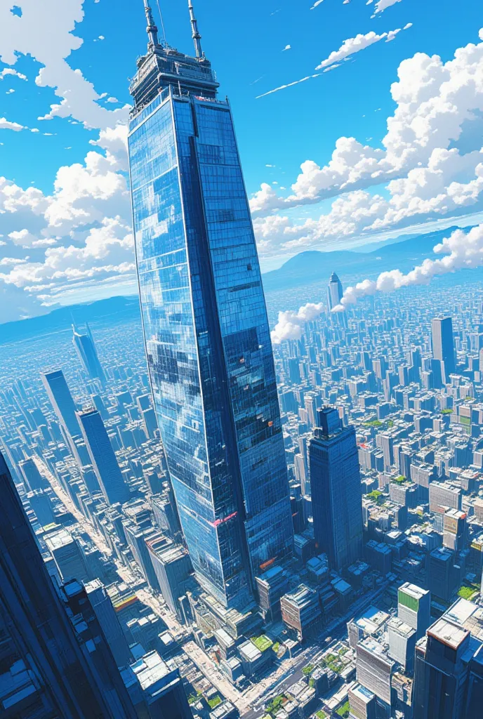 looking down from above, oblique angle, dynamic image, masterpiece, one skyscraper, full screen, oblique,japanese cartoon