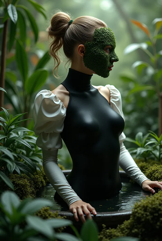 woman in green planter, black lycra and white sleeves and natural mask