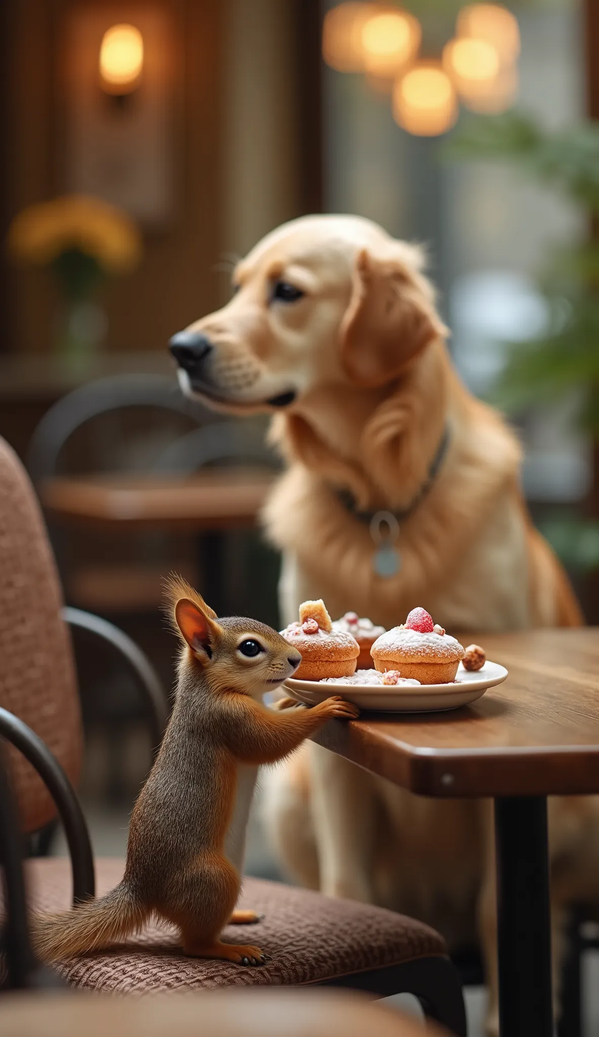 ((small squirrel)), ((((brown fur)))), carrying a tray with pastries, walking towards a golden retriever sitting at a table, bes...