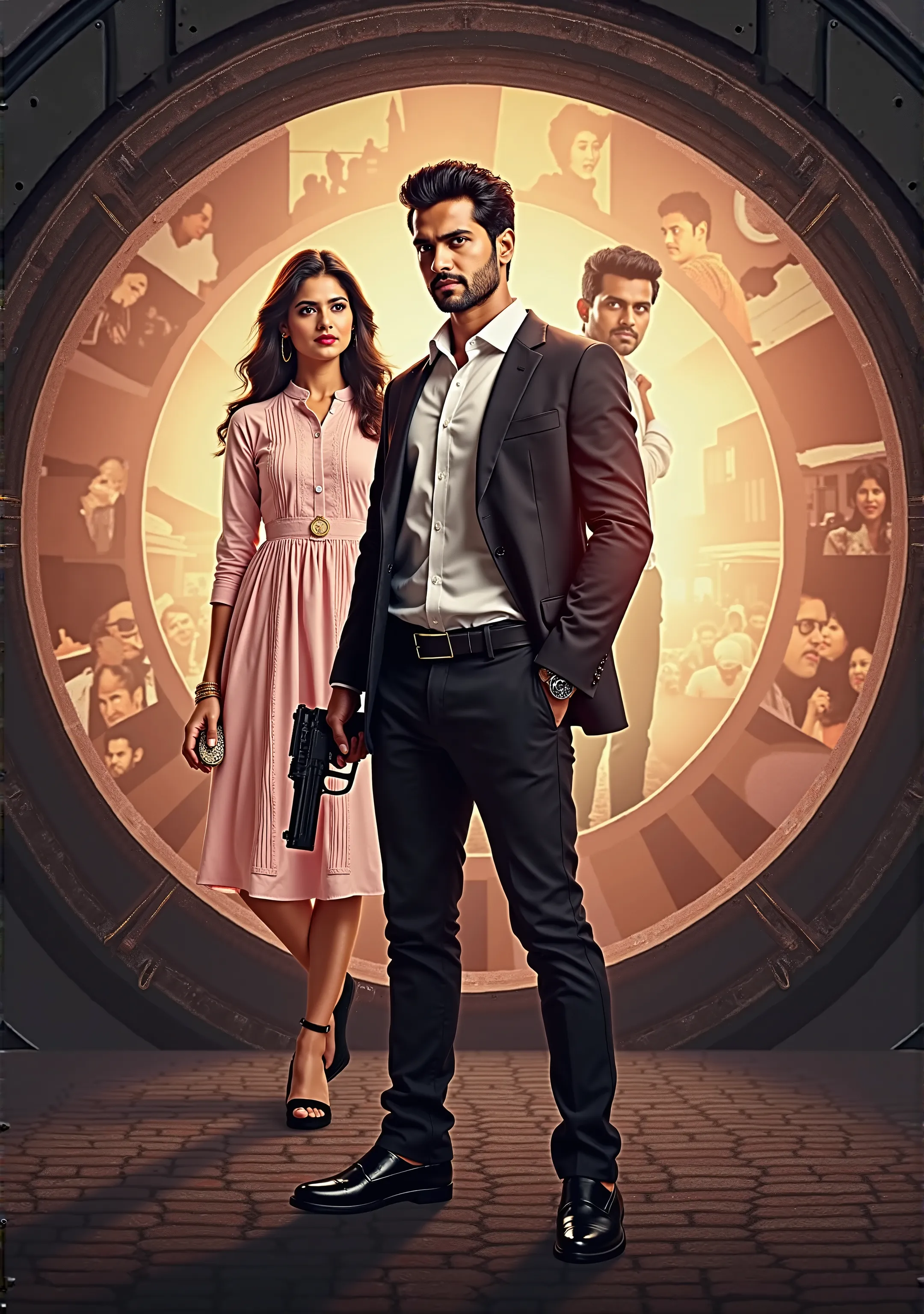 an ultra-realistic hd movie poster for 'dangerous dil,' featuring the main couple standing within the chamber of a revolver’s el...