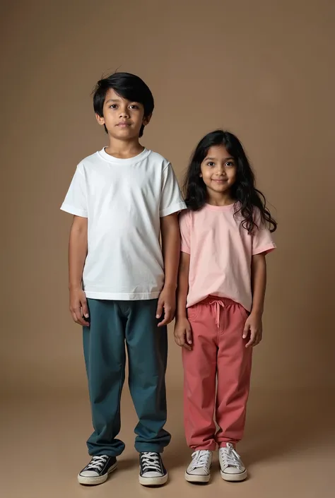 a professional photograph of black haired bangladeshi  models wearing t-shirt and pants, half pants both boy and girl. backgroun...