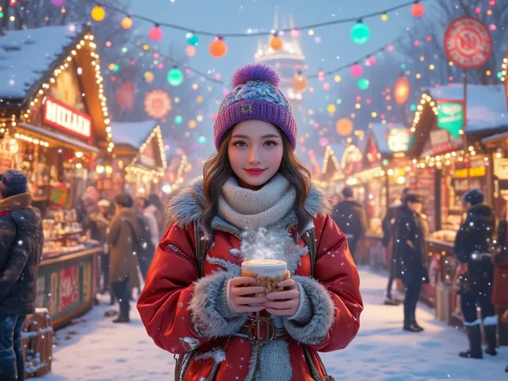 mengli , winter,  female model , 伝統的なwinterのお祭り,  snow market , warm light , stall,  hot drink in hand, people々smile,  colorful ...