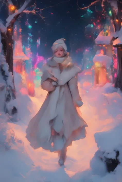 woman walking in snowy illuminations