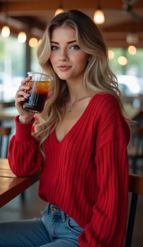 full body beautiful brunette with blonde highlights wearing a red sweater, jeans, heels  (in a cafe drinking soda), highly detai...