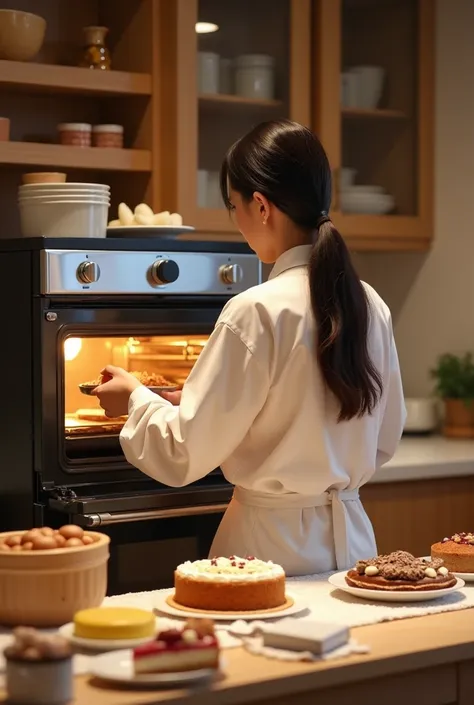 a korean girl is putting a cake into an expensive oven, a luxurious table full of cake ingredients scattered around, no face, he...