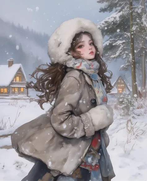 with a realistic winter scene featuring a long anime girl ,   flowing hair , wear comfy clothes , fluffy hood  ,  patterned scar...