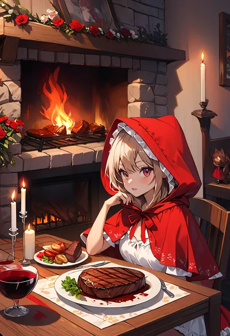 little red riding hood, fireplace,  dining table, bloody steak,  candle,  red wine