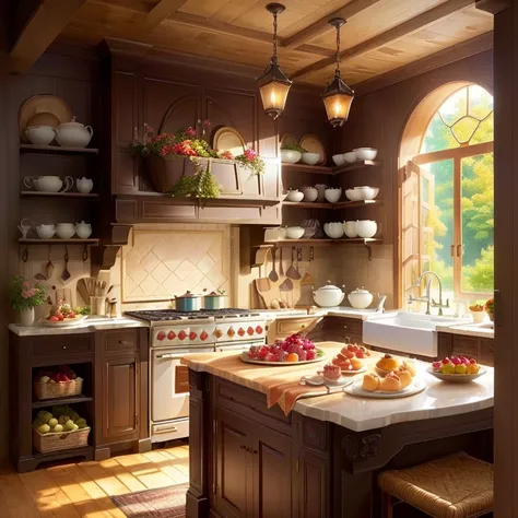 a magical setting of an oversized kitchen with giant baskets of fruits and pastries, where a person and their animal friends are...