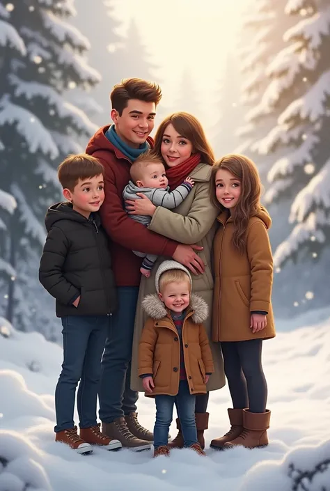 photo of a couple in the snow with a baby boy , an older boy ,  a smooth-haired teenager in black and a teenage girl with long l...