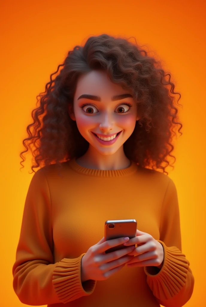 draw a young woman in 3d with curly brown hair touching a cell phone, she is cheerful  ,  in the background with an orange color...