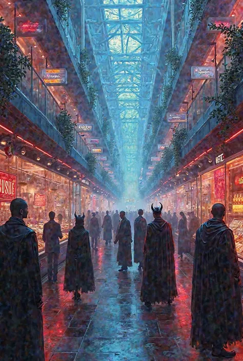 amazing high quality glass palette oil painting ，depicting a shopping area in the vamptech world  ,   all tribes from different ...