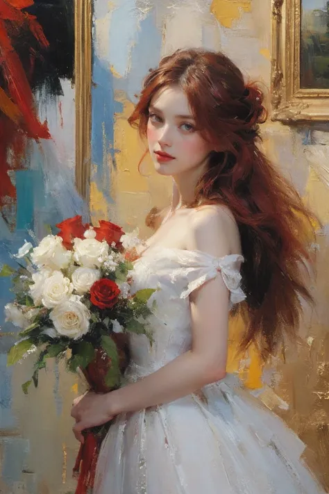 portrait,1girl,solo,dress,holding bouquet,very long hair,red flower,red hair,red rose,white dress,((dyeing)),((oil painting)),((...