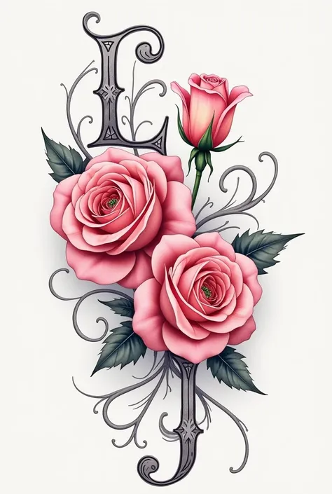 make me a tattoo , with two pink roses ,  with silver scrolls in which the letters l and j are engraved