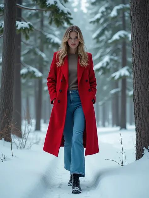 beautiful woman dressed in a red windbreaker and blue pants, walking through a snowy pine forest, high facial details, cinematic...