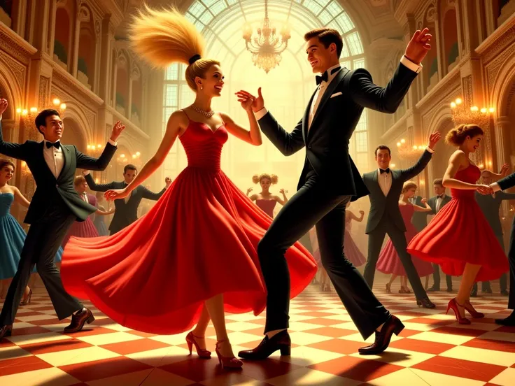 Picture a young couple dressed in 1950s attire dancing a frenetic rockabilly dance in a ballroom. The woman, in a vibrant red dr...