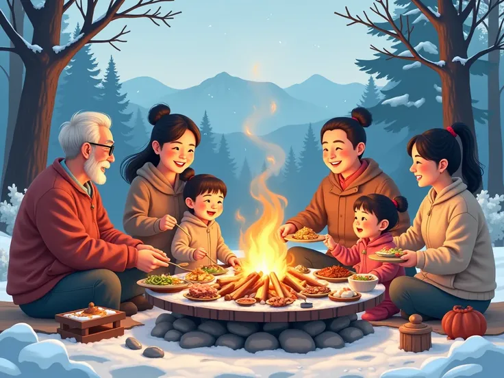 korean family having fun while eating barbecue at a winter campground