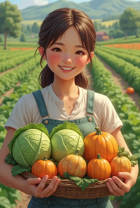 photorealistic 、 woman in agriculture 、  proudly showing off her cabbage harvest、a doll smiling happily、 smiling happily while s...