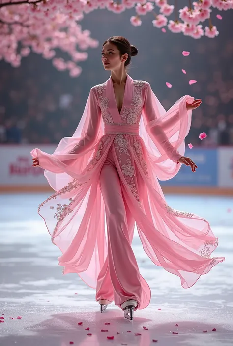 create a figure skating costume for couples in relation to a pink japanese yukata with a short skirt