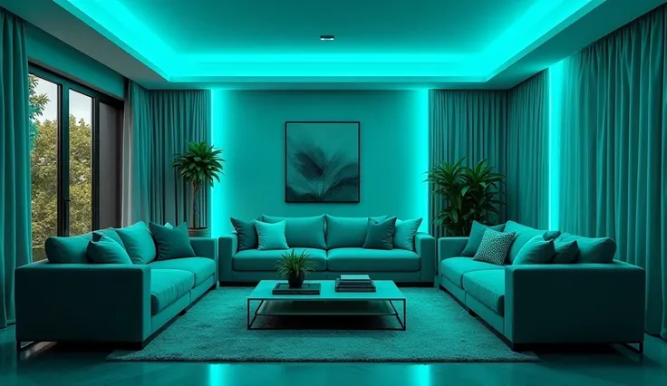 Teal-themed living room, furniture and accents in ocean teal, complemented by cyan LED lighting for vibrance, hyper-realistic 8K...