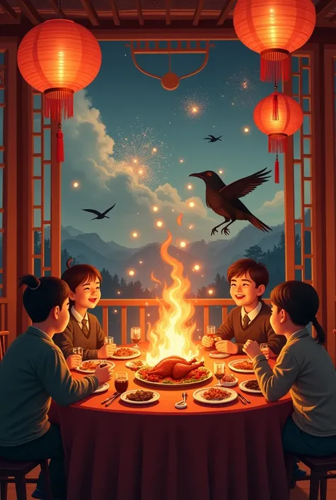 a family sitting around a roaring table on a chinese lunar holiday, raven ,  eating a peking roast duck ,  is seen flying a drag...