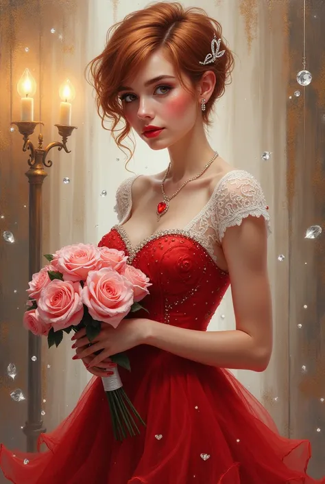 highly detailed oil paint female auburn with blonde streaks short pixie hair style rhinestone heart in her hair realistic dar...