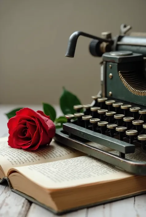 photo of an old typewriter,  with a red rose , next to it is an open book