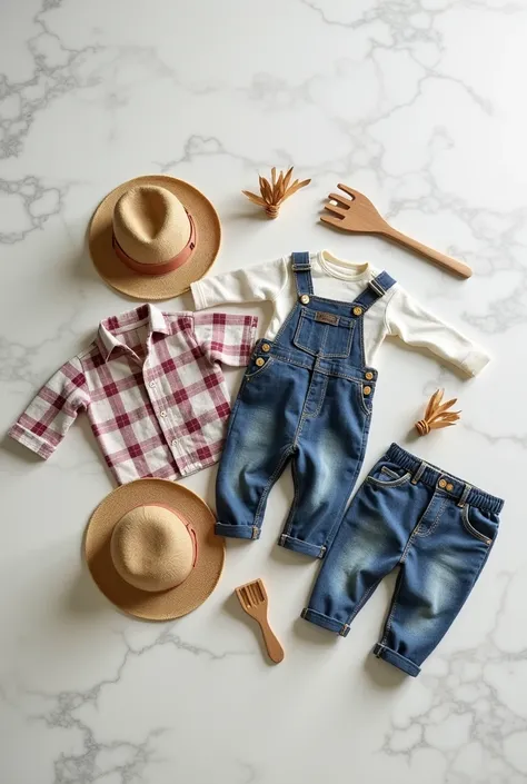 create an image of several farmer-themed baby clothes, on top of a white marble countertop