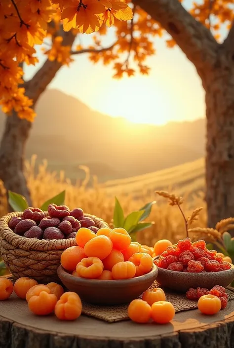 a visually striking promotional design for a food exhibition booth showcasing dried fruits, including sun-dried apricots, dried ...