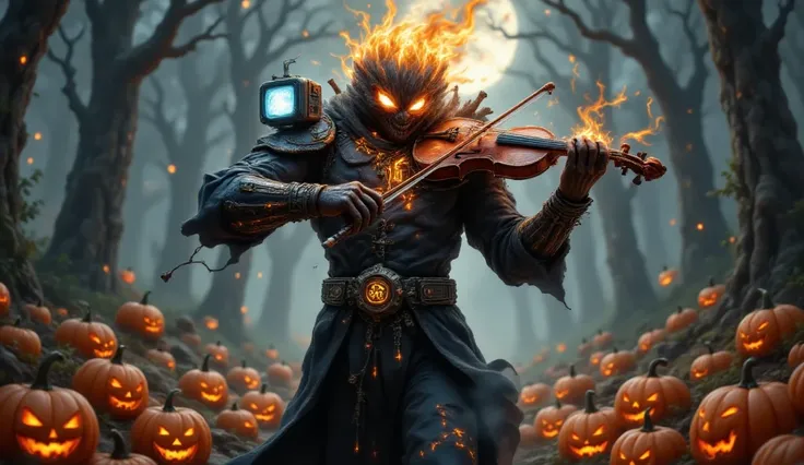 Custom hallowen team pumpkin playing fiery violin,walking in the middle of a forest full of pumpkins with glowing eyes (pumpkin ...