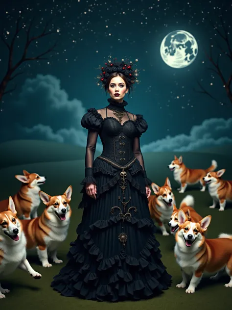 night、stardust、 Tim Walker Style - Wild Renaissance Action Shots. Movement.  Corgi Dogs Surrounding Surreal Scenery .  Detailed ...