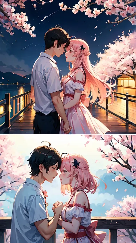 tanabata valentine's day romantic poster，couple kissing on wooden bridge ，peach blossoms are blooming on both sides of the river...