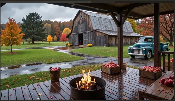 这张图展示了一个rural farm的场景。 there is a wooden barn in the foreground ， a blue vintage truck parked next to 。 there is a wooden terrac...