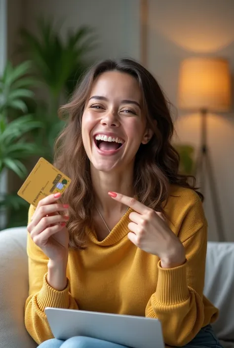 "a cheerful woman, she is holding a credit card in one hand and pointing to it with the other, with a wide smile that radiates e...