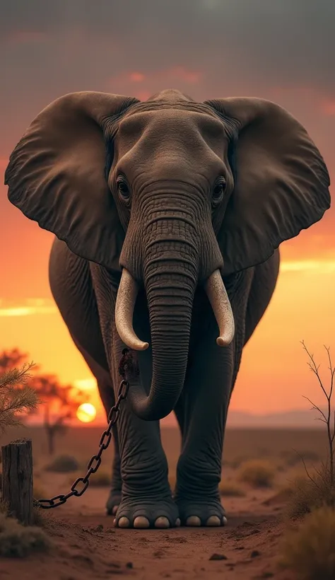 majestic adult elephant tied with rusty chain to a small wooden stake in an arid desert, dramatic sunset,  realistic style, focu...