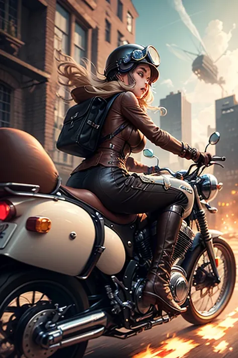 steampunk, close-up of a girl on a motorcycle,  steam helmet ,  dutch corner, dynamics, movement, anime, wind, rage, steampunk c...