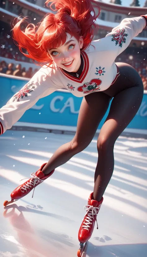 20 years, woman, thin, slender,  red hair ,  skating on ice, trusting, delicate face,  semi realistic, high resolution little be...