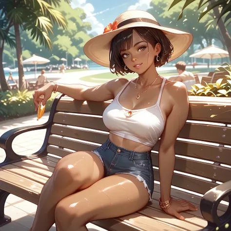  A woman with short gray dark brown hair, Tanned,wearing casual, beachwear ,Sitting on a park bench with her legs crossed undefi...