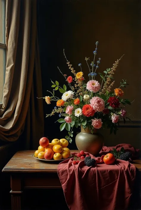 still life painting with l &#39;oil,  in the historic interior environment, chambre obscure,  cinematic lighting ,  contrasting ...