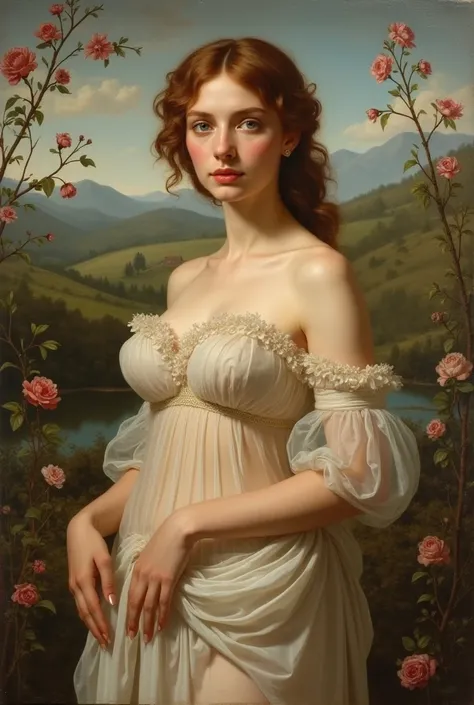 une peinture dessinée dans le style de raphaël, une belle femme caucasienne aux seins volumineux vêtue d'une robe transparente.