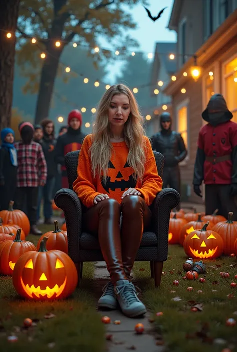 woman long blonde hair halloween sweater shiny brown leather leggings grey shoes setting out in the front yard in a chair giving...