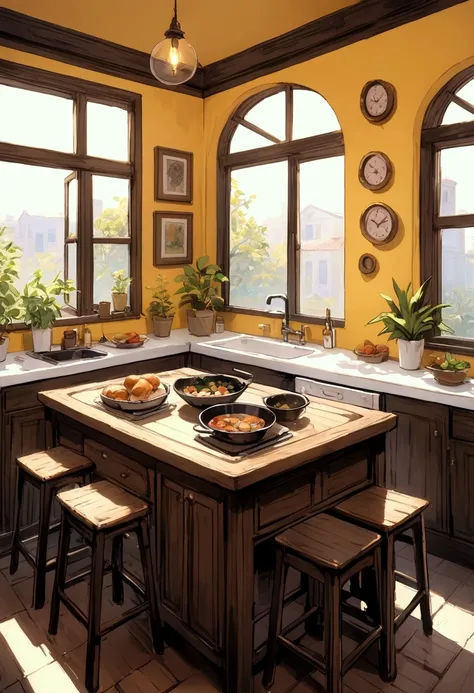 A kitcehn with yellow wall and window and stove and sink and window with small plant and dinning table in middle