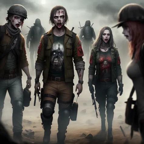 com roupa de apocalipse, numbers 34 in clothes on the sleeve and chest, apocalyptic scenario with zombies behind.